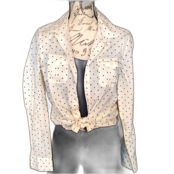 Tommy Hilfiger Med Blouse Top Button Down Shirt Cream / Black - Picture 5 of 6